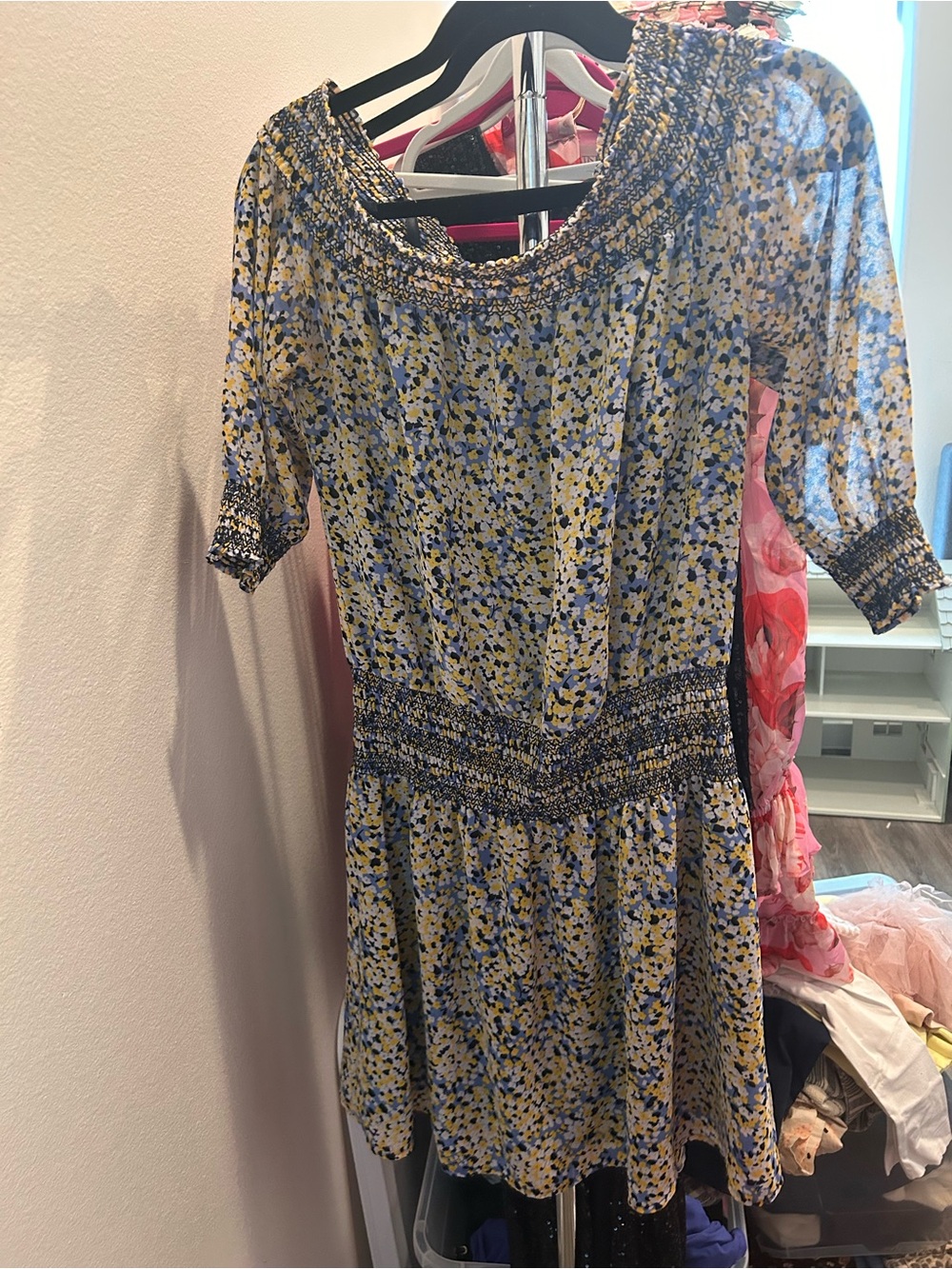 Michael Kors Blue and Yellow Floral Smocked Mini Dress